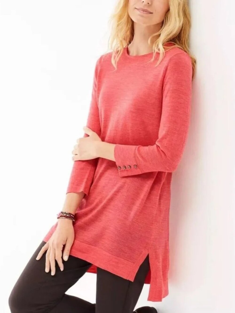 J. Jill 100% merino wool sweater tunic 3/4 length sleeves coral pink medium